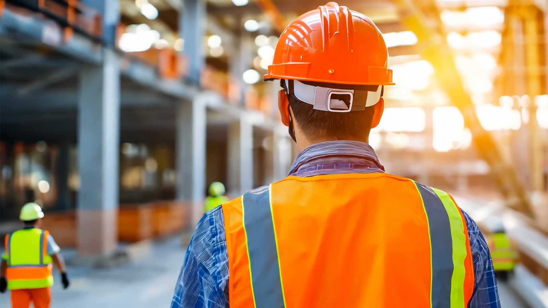 back of man hard hat high viz